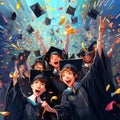 Graduates celebrating success with decorated graduation caps in a vibrant and dynamic moment