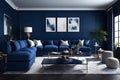 Luxurious ambiance of a dark blue home living room. Royalty Free Stock Photo
