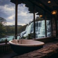 Nature\'s Oasis: Bathtub Retreat by the Panoramic Waterfall Window