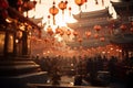 Enchanting Chinese New Year Temple Fair: Vibrant Lanterns, Ornate Architecture, and Golden Glow