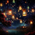 Decorative lanterns suspended in the night sky