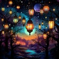 Decorative lanterns suspended in the night sky