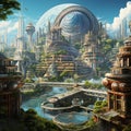 Futuristic cityscape with ancient historical artifacts