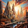 Futuristic cityscape with ancient historical artifacts