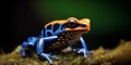 cobalt blue and orange poison dart frog, ultra high detail, subtropical lowland forest background