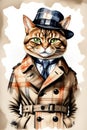 Detective cat adorned in classic English-style plaid trench coat and hat