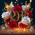 Gilded Elegance: Realistic White and Red Roses with Glittering Gold Lights