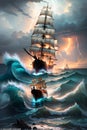 The Panorama of Grand Waves, Stormy Seas, Lightning, and a Sunset on the Ocean as Sailing Ships Voyage. AI generated Royalty Free Stock Photo