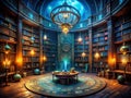 Immerse Yourself in a Realm of Arcane Knowledge Explore a Stunning Fantasy Wizard Library Wallpaper Overflowing with Royalty Free Stock Photo