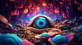 Ethereal Vision: The Surreal Eye Among Pink-Blue Botanicals