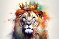 Regal Symbolism: Abstract Lion Painting with Crown in a Kaleidoscope of Colors