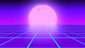Retro futuristic neon blue 3d grid with moon on the background