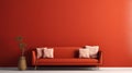 Modern room with red sofa and potted plant in a red background with copy space