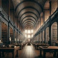 Timeless Knowledge: AI Generated Interior of Historic Old Library with Antique Books Royalty Free Stock Photo