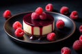 Immerse yourself in the scrumptiousness of this raspberry-infused cheesecake, crowned with an exquisite syrup and Royalty Free Stock Photo
