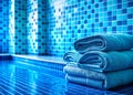 Tranquil Blue Bathroom with Folded Towels Stunning Architectural Photography of a Serene ShowerPool Tile Design Royalty Free Stock Photo