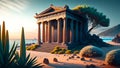 Coastal Serenity: Illustration of an Ancient Greek Temple by the Ocean.