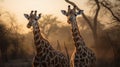 Immerse yourself in the serenity of the golden hour as two giraffes navigate the vast expanse of the savannah, their companionship Royalty Free Stock Photo