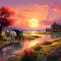 Peaceful countryside scene with a horse-drawn carriage at sunset Royalty Free Stock Photo
