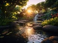 Serenity Space: A Meditation Garden with Gentle Waters and Illuminated Tranquility