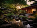 Serenity Space: A Meditation Garden with Gentle Waters and Illuminated Tranquility