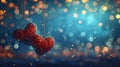 decorative red hearts with greeting card hanging on blue and golden light bokeh background,valentine day Royalty Free Stock Photo