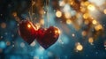 decorative red hearts with greeting card hanging on blue and golden light bokeh background,valentine day