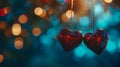 decorative red hearts with greeting card hanging on blue and golden light bokeh background,valentine day