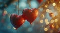 decorative red hearts with greeting card hanging on blue and golden light bokeh background,valentine day