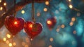 decorative red hearts with greeting card hanging on blue and golden light bokeh background,valentine day