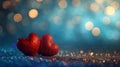 decorative red hearts with greeting card hanging on blue and golden light bokeh background,valentine day