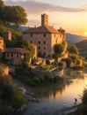 AI-Driven Splendor: Immersing in an Italian Landscape with Cottage, River, Medieval Village, and Castle at Sunset