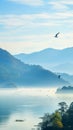 Vetical mobile banner of misty mountains and birds flying over a waterfront in the morning Royalty Free Stock Photo