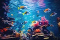 Immerse yourself in a stunning display of aquatic life as a large aquarium bursts with a plethora of brilliant and captivating