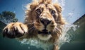 Immerse yourself in thrilling world of wildlife photography with a stunning image of a lion\'s underwater leap