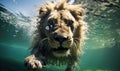Immerse yourself in the thrilling world of wildlife photography with stunning image of a lion\'s underwater leap