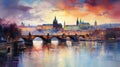 Enigmatic Cityscape: Captivating Impressionistic Painting of Prague\'s Charm