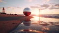 Reflective Encounter: Serenity of a Metal Ball and Reflected Lighthouse at Sunset