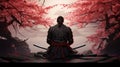 Zen Blossoms: Meditating Samurai Amidst Falling Cherry Blossoms Serenity Royalty Free Stock Photo