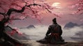 Zen Harmony: Samurai Meditating Amidst Falling Cherry Blossoms Royalty Free Stock Photo