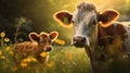 Serene Mother Cow and Calves: Heartwarming Rural Scene in Vibrant Meadow with Wildflowers.