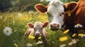 Serene Mother Cow and Calves: Heartwarming Rural Scene in Vibrant Meadow with Wildflowers.
