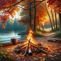 A lakeside with autumn leaves around a crackling bonfire, creating a cozy and warm atmosphere. landscape, Nature Painting
