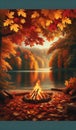 A lakeside with autumn leaves around a crackling bonfire, creating a cozy and warm atmosphere. landscape background, Nature