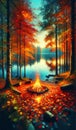 A lakeside with autumn leaves around a crackling bonfire, creating a cozy and warm atmosphere. landscape, Nature Painting