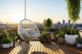 Serene Sunset Oasis: A Stylish Rooftop Garden in the Urban Jungle Royalty Free Stock Photo