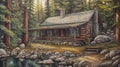 Ai Generative Wooden house in the forest. Digital painting of a log cabin