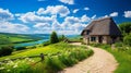 Serene European Countryside: A Quaint Cottage Amidst Rolling Hills Royalty Free Stock Photo