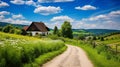 Serene European Countryside: A Quaint Cottage Amidst Rolling Hills Royalty Free Stock Photo