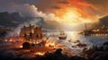 Epic Maritime Clash: Sailing Ships and Soldiers in Fiery Fray